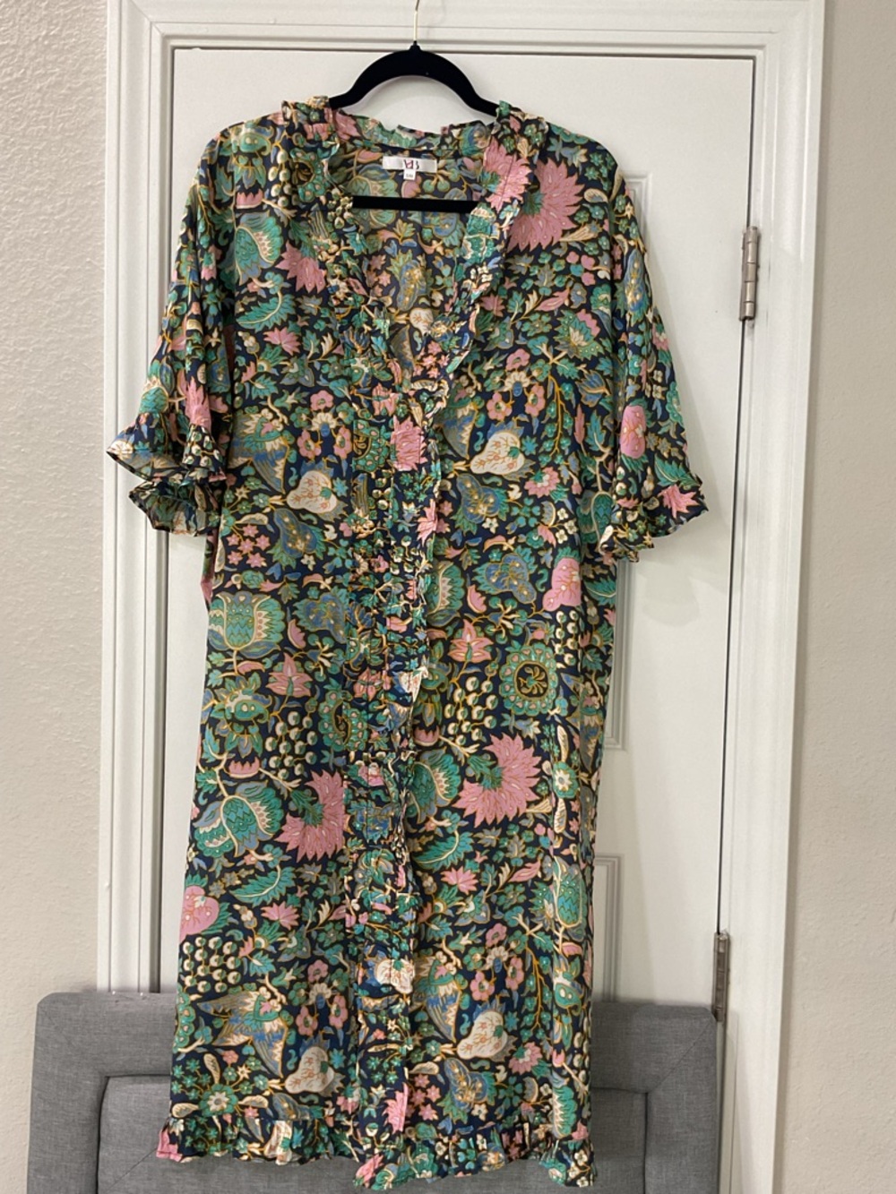 America & Beyond Floral Kimono Duster Ruffle Hem S/M - Picture 2 of 9